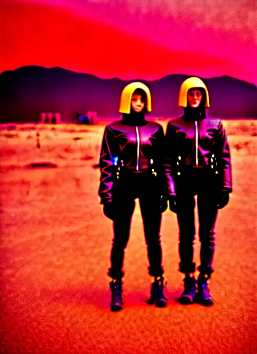 Image similar to cinestill 5 0 d photographic portrait of two loving clones, techwear women on a desolate plain with a red sky, a brutalist dark metal facility in the background, dust storm, depth of field, 4 k, 8 k, hd, full color