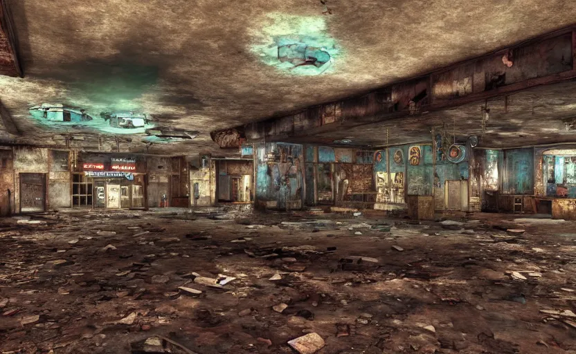 Prompt: nature photography of the rundown ruins of a 5 0 s bar in a tacky casino in fallout new vegas by lori nix, hdr, unreal engine, silent hill, found footage