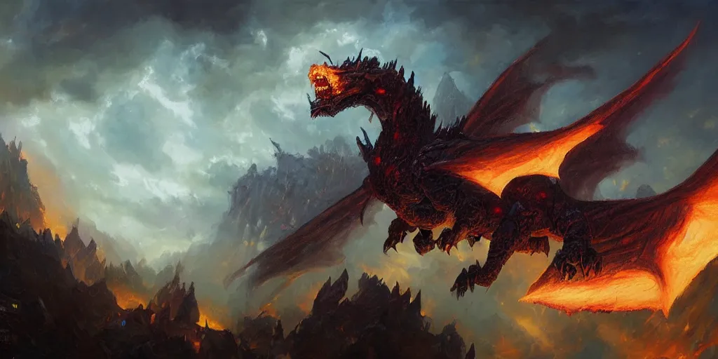 Image similar to oil painting of one deathwing dragon from world of warcraft flying down on earth by greg rutkowski, closed up view