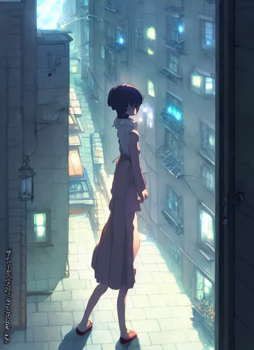 Image similar to boy kiss girl from a window where vine around. sad night, narrow street. illustration concept art anime key visual trending pixiv fanbox by wlop and greg rutkowski and makoto shinkai and studio ghibli