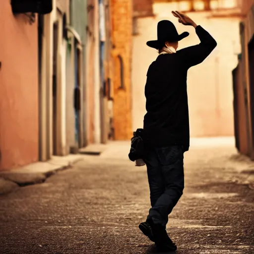 Image similar to photo extreme long shot of invisible manwearing clothes and hat in a back street, cinematic, depth of field, bokeh, atmospheric, 8k, trending on artstation