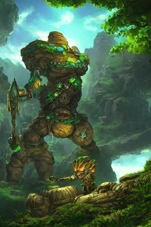 Image similar to zelda fantasy art giant golem troll wood rock greeble gemstone, global illumination ray tracing hdr fanart arstation by sung choi and eric pfeiffer and gabriel garza and casper konefal