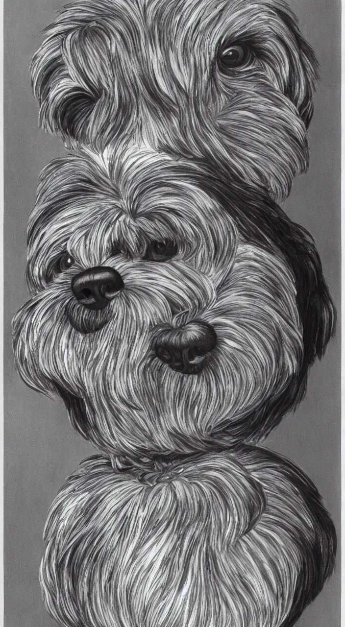 Image similar to self - portrait of a havanese dog reflection in a mirrored chrome sphere, by m c escher pen and paper