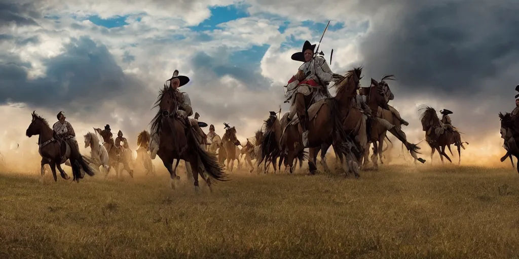 Image similar to promotional movie still rendered in octane, of an action shot from the battle of little bighorn, custer's last stand, majestic horses and their riders, desperate action heading towards the offset center of the scene, dramatic hdr natural light, cinematic lighting, extremely high detail, photorealistic, imax 7 0 mm, iso 4 0 0, 8 k, 4 k, hq