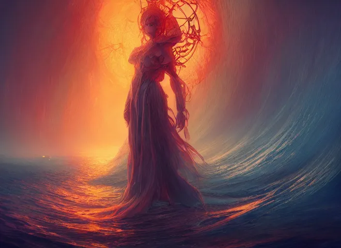 Prompt: death ocean of canvas that catches fire, magical, concept art, art nouveau, inspired by reylia slaby, peter gric, trending on artstation, volumetric lighting, intricate, ornate, cgsociety, unreal engine, video game, unity 3 d, octane