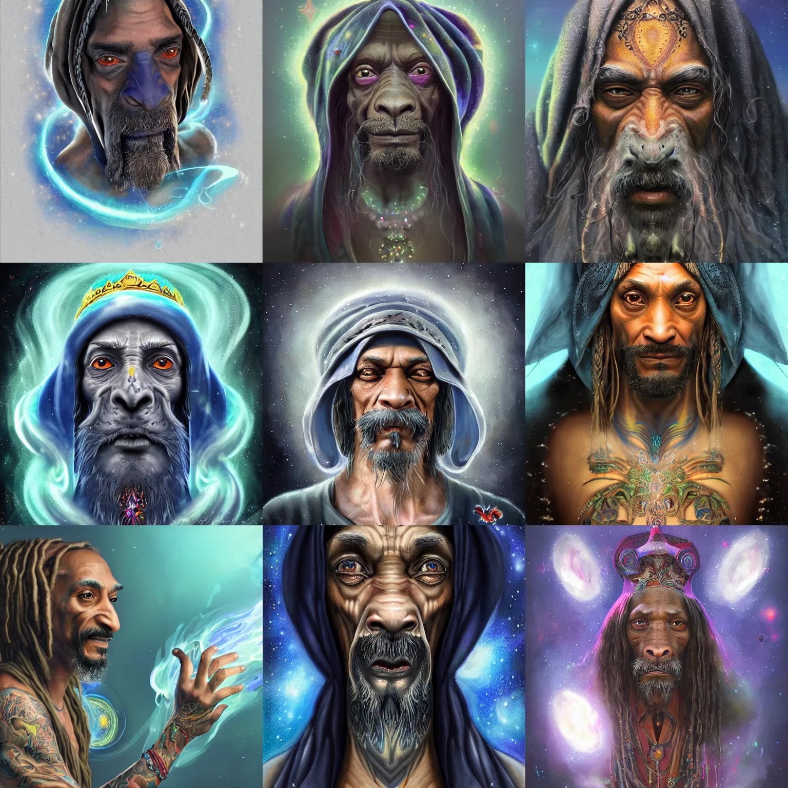 Prompt: a wlop 3 d render of very very very very highly detailed beautiful mystic portrait of a snoop phantom ape mage with whirling galaxy around, tattoos by anton pieck, intricate, extremely detailed, digital painting, artstation, concept art, smooth, sharp focus, illustration, intimidating lighting, incredible art,