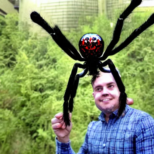 Image similar to A giant spider is behind the cameraman but he doesn't know