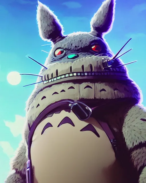 Image similar to highly detailed vfx portrait of totoro as terminator, stephen bliss, unreal engine, greg rutkowski, loish, rhads, beeple, makoto shinkai and lois van baarle, ilya kuvshinov, rossdraws, tom bagshaw, alphonse mucha, global illumination, detailed and intricate environment