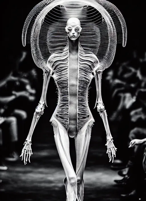 Prompt: walking down the catwalk, steven klein, mert alas and marcus piggott, show, stage, vogue photo, podium, fashion show photo, iris van herpen, beautiful woman, full body shot, alien, masterpiece, inflateble shapes, plant predator, guyver, jellyfish, wires, veins, biomechanical details