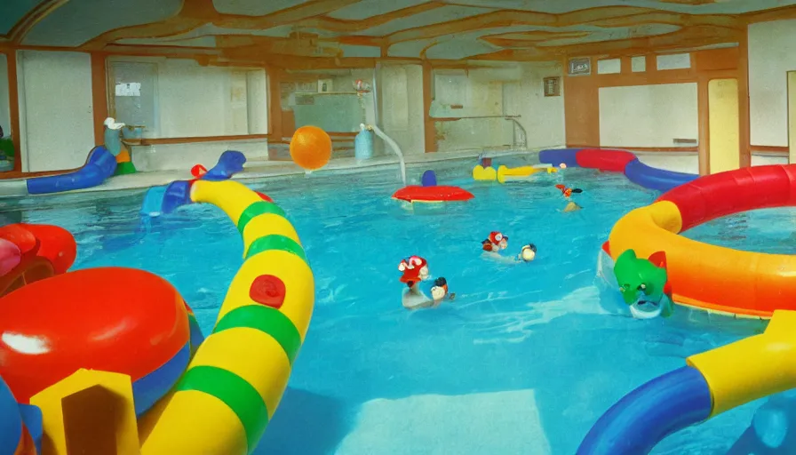 Prompt: 60s movie still of a Super Mario themed indoors swimming pool with plastic super mushrooms, green pipe water slides, plastic palm trees, cheap fluorescent lighting cinestill 800t 50mm eastmancolor, liminal Space style, heavy grain