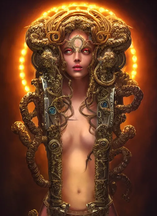 Prompt: ultradetailed ornate sci-fi RPG illustration of a beautiful symmetric Medusa radiating a glowing aura wearing a cyberpunk armor with much decorum, digital airbrush painting, 3d rim light, hyperrealistic masterpiece, artstation, cgsociety, kodakchrome, golden ratio