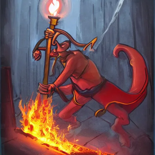 Image similar to Crazy Tiefling with a torch. Firefighters extinguish the fire. Fantasy