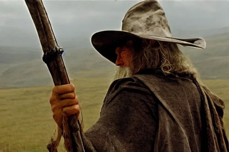 Prompt: Gandalf wearing a cowboy hat, from behind, full body view. Movie still from lord of the rings the fellowship of the ring.