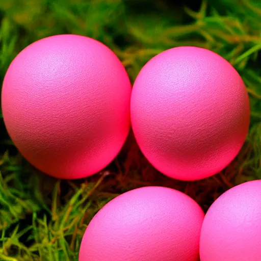 Prompt: bright pink bubblegum, shaped like eggs, award winning photo, close up, high quality