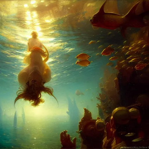 Image similar to point of view of deep in the ocean looking up, you see fishes, higher up you see very clearly the milk way illuminating the sea down bellow. highly detailed painting by gaston bussiere, greg rutkowski 8 k