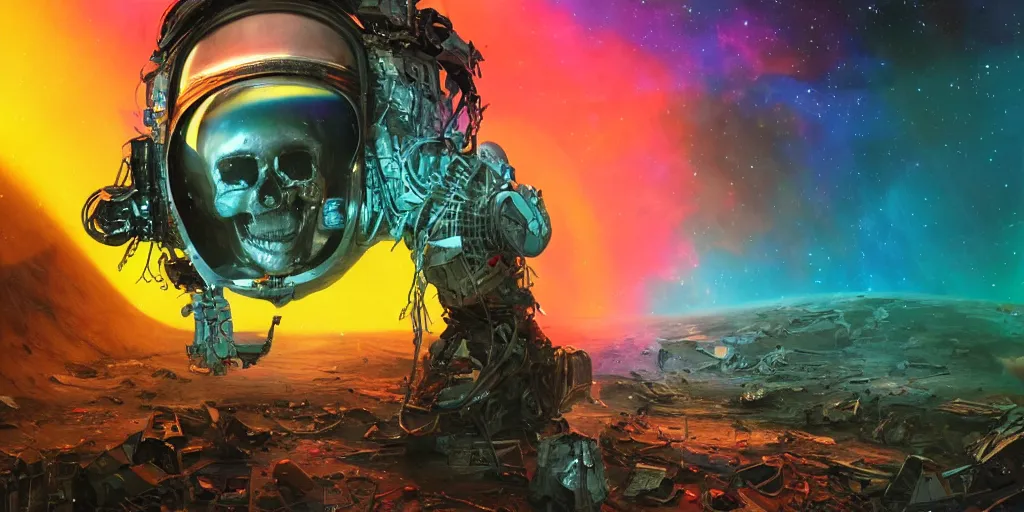 Prompt: a super wide angle psychedelic cosmonaut skeleton melting tearing his suit off, rainbow melting color scheme, floating in the cosmos nebula, glass space helmet, in front of a destroyed retrofuturism spaceship covered in old technology, greg rutkowski artstation, hyperrealist, cinema4D, 8k highly detailed ❤️‍🔥 🔥 💀 🤖 🚀