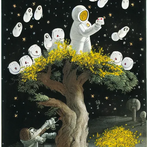Prompt: A man cuts an osmanthus tree on the moon, surrounded by many small white rabbits.