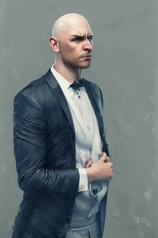 Prompt: Bald man, angry, bright blue eyes, white suit, medium shot, elegant, highly detailed, centered, oil painting, artstation, concept art by tom bagshaw