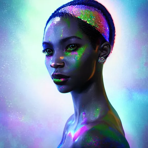 Prompt: the portrait of the absurdly beautiful, graceful, elegant, gorgeous, sensual young black girl goddess made of rainbow soul spirit, an ultrafine hyperdetailed photograph by irakli nadar, reflective face, intricate linework, bright colors, octopath traveler, final fantasy, unreal engine 5 highly rendered, global illumination, radiant light, intricate environment