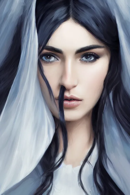 Image similar to Ameera al-Taweel, blue eyes, long wavy black hair, fierce look, white veil, closeup, focus face, elegant, highly detailed, centered, digital painting, artstation, concept art, art by WLOP