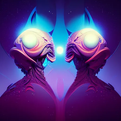 Image similar to twins from out space fractal, dark background, backlit:: by beeple and James Gilleard and Justin Gerard :: ornate, dynamic, particulate, intricate, elegant, highly detailed, centered, artstation, smooth, sharp focus, octane render, 3d