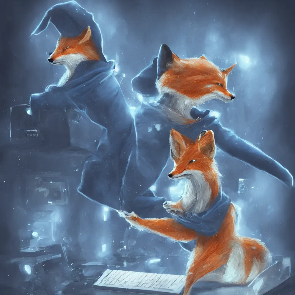 Image similar to an anthropomorphic fox in a blue hoodie typing on a keyboard, dark tones, concept art, digital art, highly detailed