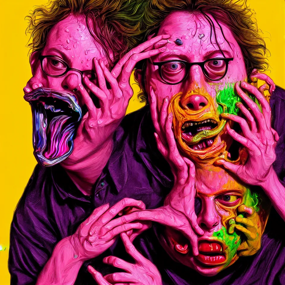 Prompt: bright psychedelic todd solondz eating rotten flesh, crying and puking, abuse, diffuse lighting, fantasy, intricate, elegant, highly detailed, lifelike, photorealistic, digital painting, artstation, illustration, concept art, smooth, sharp focus, art by francis bacon