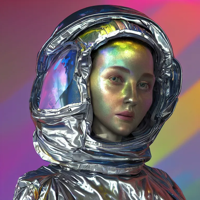 Image similar to octane render portrait by wayne barlow and carlo crivelli and glenn fabry, subject is a woman covered in tie - dye aluminum foil space suit with a colorful metallic space helmet, surrounded by alien plants, cinema 4 d, ray traced lighting, very short depth of field, bokeh