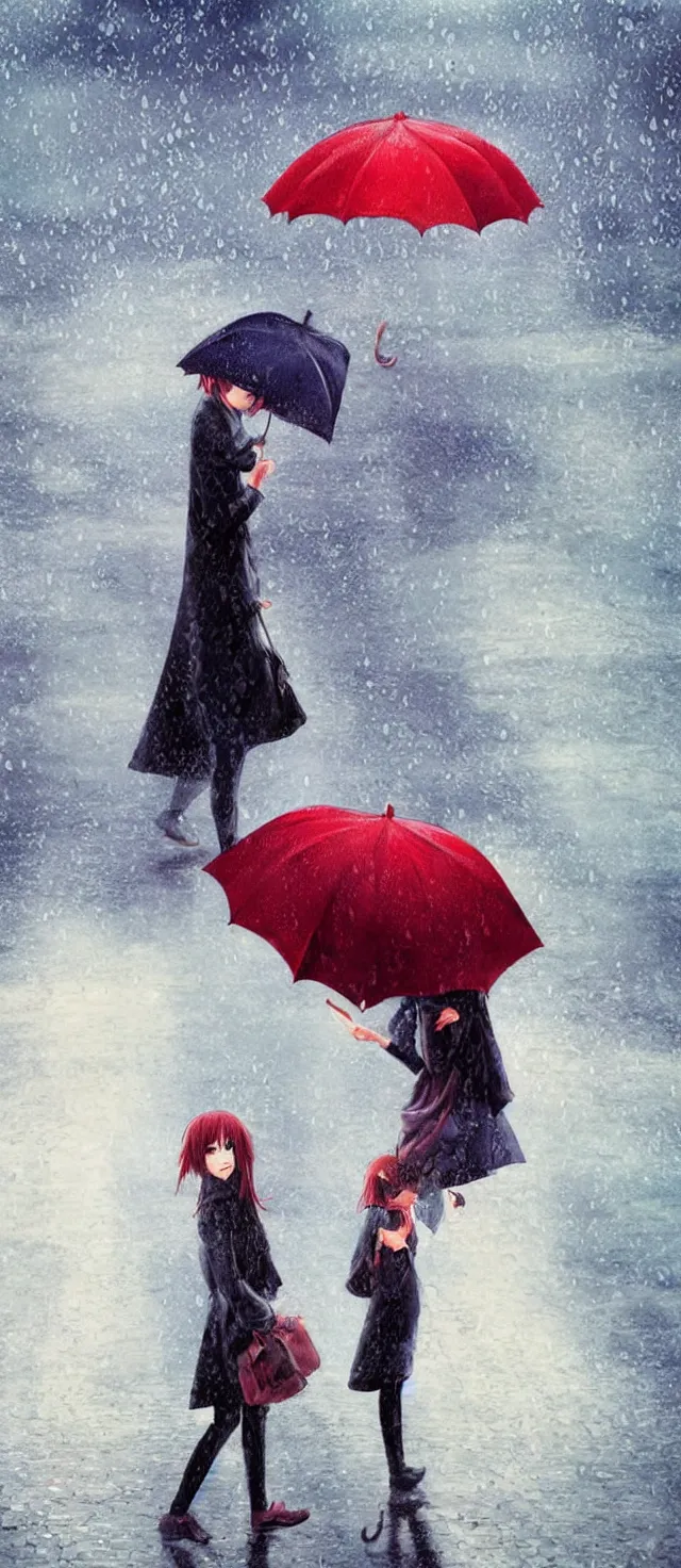 Image similar to girl with umbrella on the wet road, rain, thunder, fog, anime style