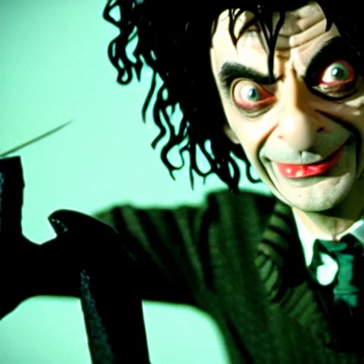 Prompt: mr. bean as edward scissorhands. movie still. cinematic lighting.