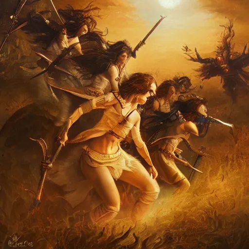 Image similar to the goddesses fraya going to war with her army of valkyries, golden hour, 8 k uhd, oil painting, high detail.