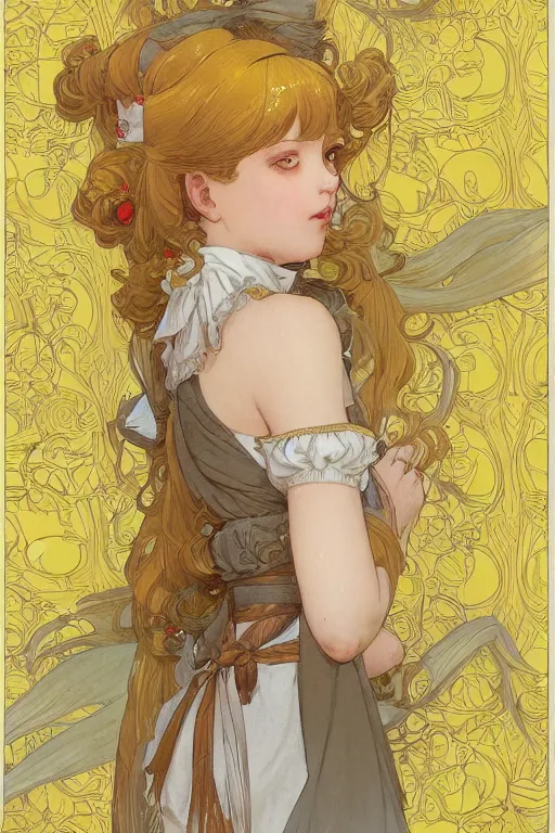 Prompt: A girl in a maid's outfit in a cafe a afternoon, wavy hair yellow theme,S line,45 angel by mucha and range murata and greg rutkowski