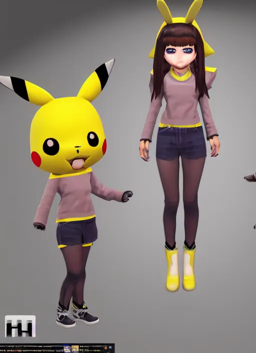 Image similar to vrchat, secondlife, imvu, 3 d model of a girl in a pikachu hoodie, hq render, detailed textures, artstationhd, booth. pm, highly detailed attributes and atmosphere, dim volumetric cinematic lighting, hd, unity unreal engine