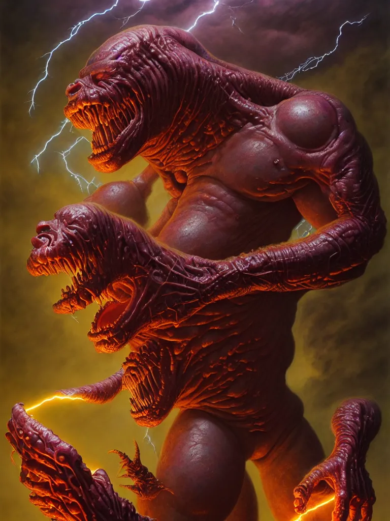 Prompt: hyperrealistic rendering, fat smooth cronenberg flesh monster epic heavy metal overlord by donato giancola and greg rutkowski and wayne barlow and zdzisław beksinski, eyeballs, lightning, magic runes, product photography, action figure, sofubi, studio lighting, colored gels, colored background