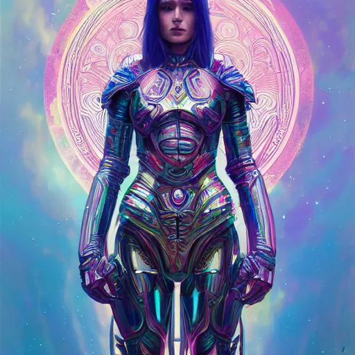 Prompt: psychedelic portrait of a beautiful android warrior woman, armor suit, blue eyes, intricate, elegant, highly detailed, trippy, dmt, digital painting, artstation, concept art, smooth, sharp focus, illustration, art felix kelly and greg rutkowski and alphonse mucha