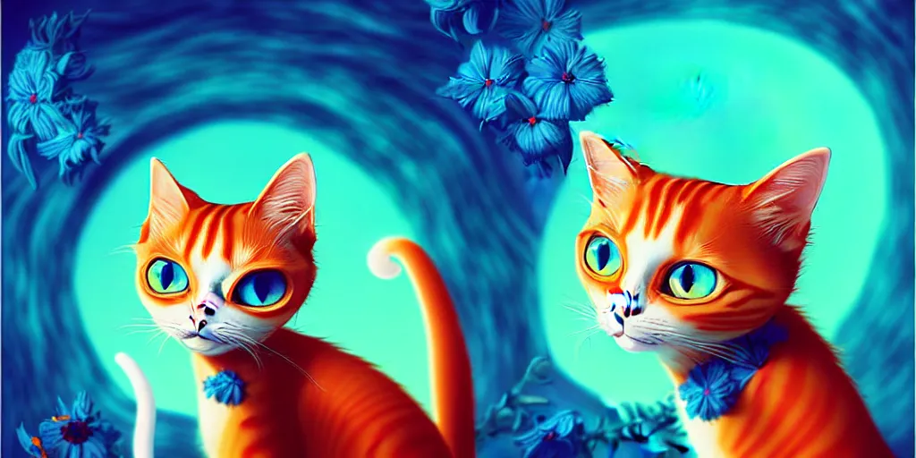 Image similar to curved perspective, extreme narrow, extreme fisheye, digital art of a big blue eyes female cat with ginger hairstyle with blue flower in her hair by anton fadeev from nightmare before christmas