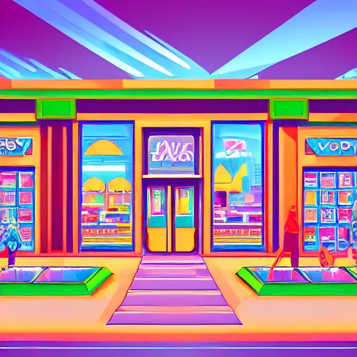 Image similar to art deco vaporwave illustration of a mall board game store in pastel and bright colors