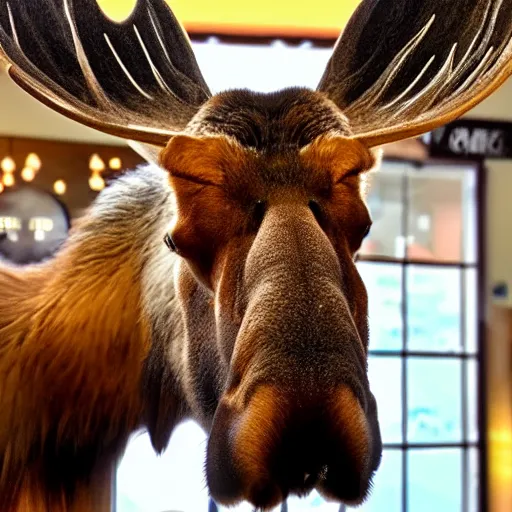 Prompt: a moose in a coffee shop in vermont, realistic, 8 k