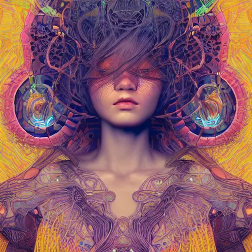 Image similar to the portrait of an incredibly beautiful woman partially made of onion rings, an ultrafine detailed illustration by james jean, final fantasy, intricate linework, bright colors, behance contest winner, vanitas, angular, altermodern, unreal engine 5 highly rendered, global illumination, radiant light, detailed and intricate environment