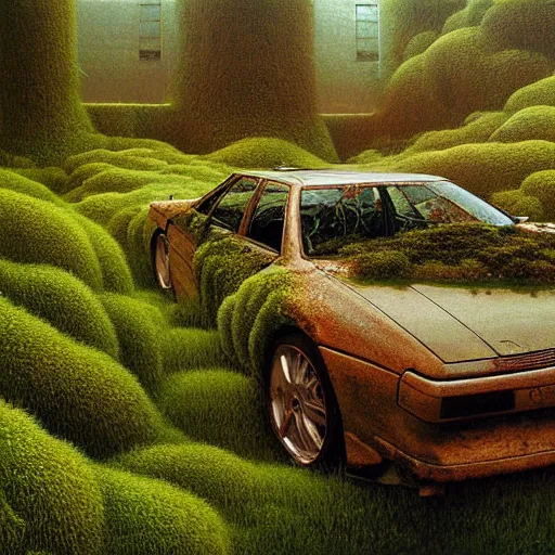 Image similar to hyper realistic painting of an abandoned JZX100 twin turbo covered with moss, an Australian summer landscape, by Zdzislaw Beksinski