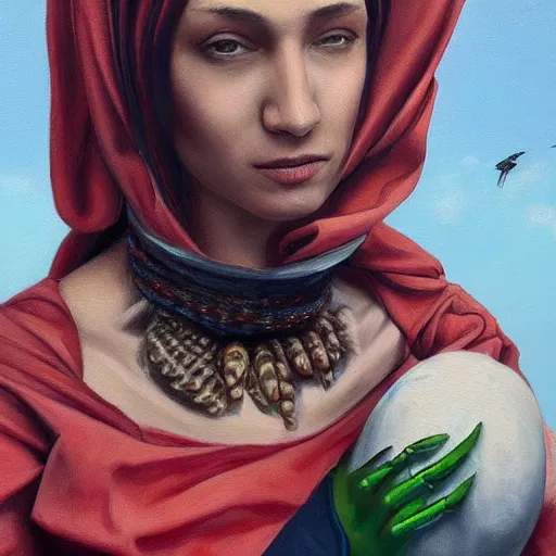 Image similar to a realistic painting by Raffaello Sanzi depicting Inul Daratista with the head of the symbiotic Scorpion in the Renaissance,smooth,Sharp focus, trending on Artstation.