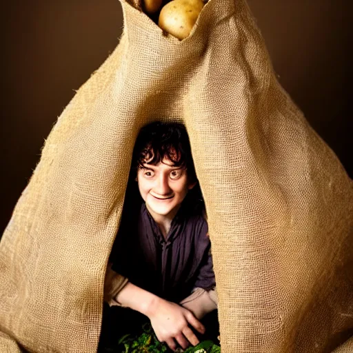 Image similar to frodo from lord of the rings in a burlap sack of potatoes, and the sack has many potatoes in it, photography, realistic, mid shot, in his hobbit home, cinematic lighting