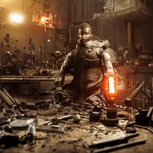 Image similar to augmented human repairing weapon made from old egg beater, dark messy smoke - filled cluttered workshop, dark, dramatic lighting, orange tint, cinematic, highly detailed, sci - fi, futuristic, movie still from blade runner