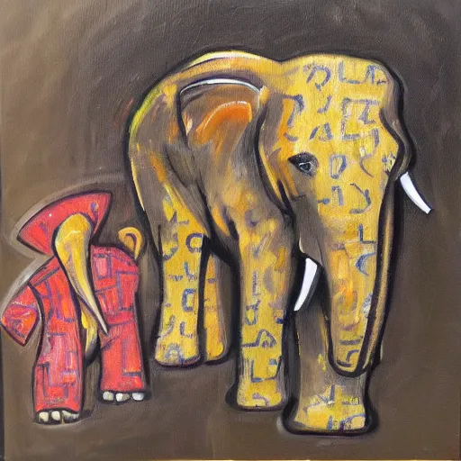 Prompt: an abstract oil painting of a gangster elephant and a gangster parquet