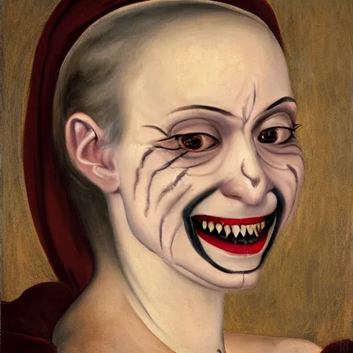 Prompt: an oil painting of an extremely ugly pale vampire woman smiling with skin condition in expensive renaissance dress, Renaissance painting, Renaissance Port City background, vampire teeth, 1450, holding paper fan