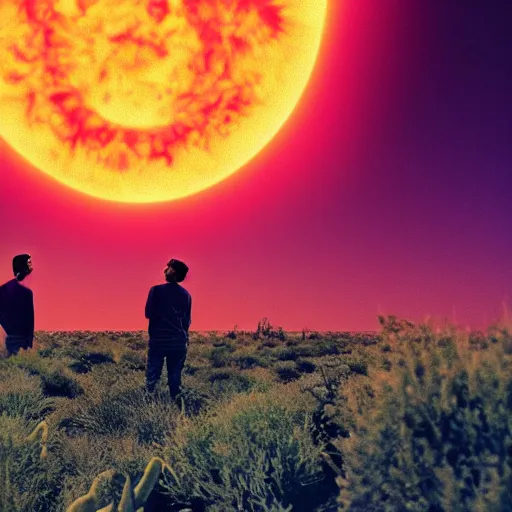 Image similar to giant fiery sun takes up most of the sky, two men look out over the horizon of a desert with plants on fire, anamorphic film still