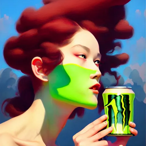 Image similar to girl drinks monster energy, organic painting, sunny day, matte painting, bold shapes, hard edges, street art, trending on artstation, by huang guangjian and gil elvgren and sachin teng