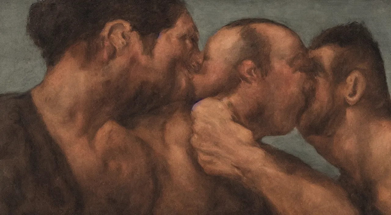 Image similar to a portrait of two strong man kissing each other