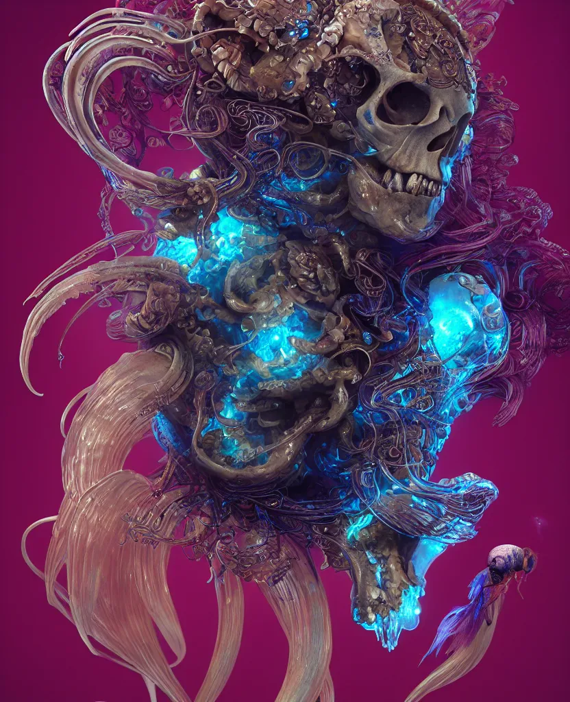 Image similar to goddess close-up portrait ram skull. jellyfish phoenix head, nautilus, orchid, ram skull, betta fish, bioluminiscent creatures, intricate artwork by Tooth Wu and wlop and beeple. octane render, trending on artstation, greg rutkowski very coherent symmetrical artwork. cinematic, hyper realism, high detail, octane render, 8k