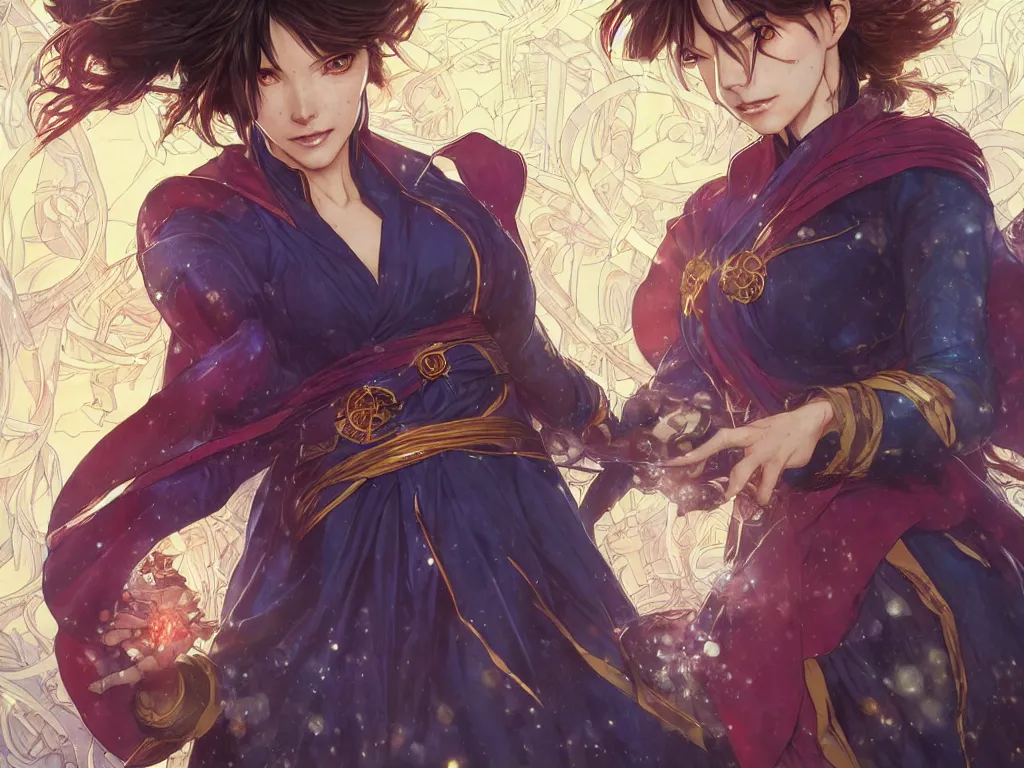 Image similar to anime key visual of a beautiful female doctor strange, marvel comics, spells, magic, intricate, magical village, stunning, highly detailed, digital painting, artstation, smooth, hard focus, illustration, art by artgerm and greg rutkowski and alphonse mucha